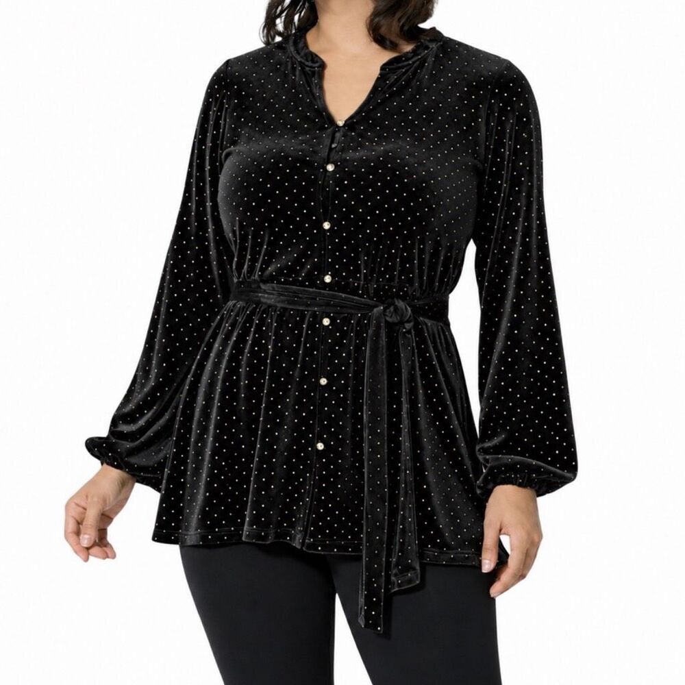 Colleen Lopez Black Velvet Studded Polka Dot Belted Peplum Top - Size 1X